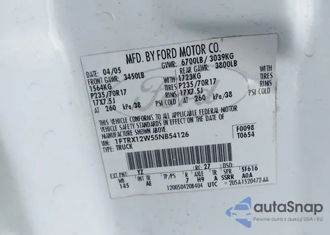 2005 Ford F-150 Stx/Xl/Xlt из США, поврежденный, VIN 1FTRX12W55NB54126